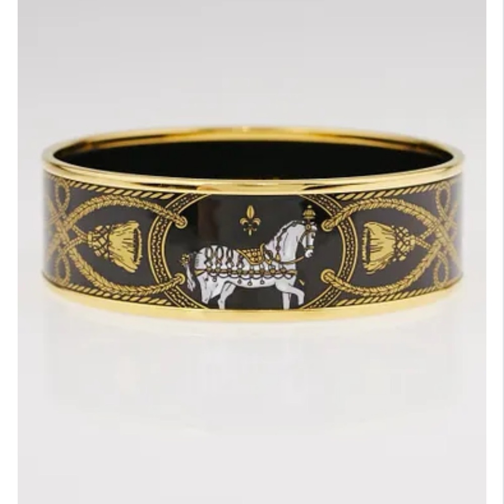 HERMES
Black/Gold Grand Apparat Printed Enamel Gold Plated Wide Bangle Bracelet